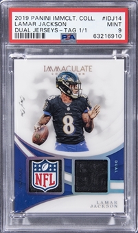 2019 Panini Immaculate Collection #14 Lamar Jackson NFL Shield Laundry Tag Dual Patch Card (#1/1) - PSA MINT 9